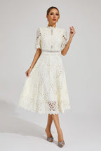 Robe Midi en Dentelle à Manches Courtes pour Femmes - Invité de Mariage - Été - Élégante - Encolure Arrondie