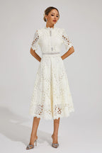 Robe Midi en Dentelle à Manches Courtes pour Femmes - Invité de Mariage - Été - Élégante - Encolure Arrondie