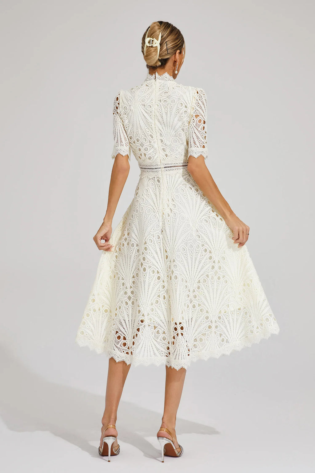 Robe Midi en Dentelle à Manches Courtes pour Femmes - Invité de Mariage - Été - Élégante - Encolure Arrondie