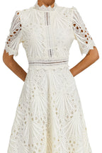 Robe Midi en Dentelle à Manches Courtes pour Femmes - Invité de Mariage - Été - Élégante - Encolure Arrondie