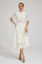 Robe Midi en Dentelle à Manches Courtes pour Femmes - Invité de Mariage - Été - Élégante - Encolure Arrondie