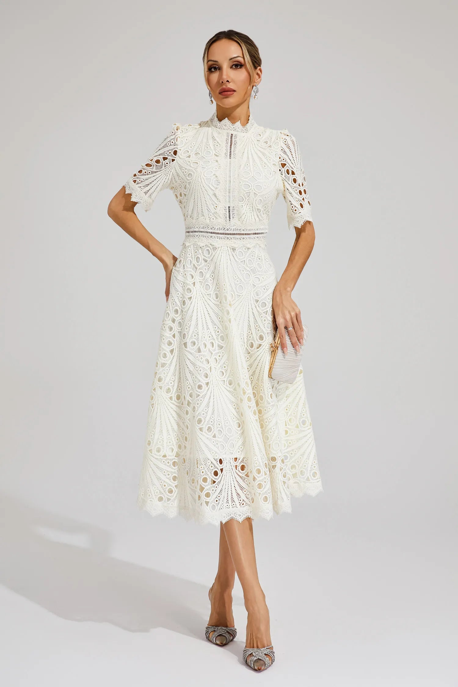 Robe Midi en Dentelle à Manches Courtes pour Femmes - Invité de Mariage - Été - Élégante - Encolure Arrondie