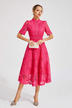 Robe Midi en Dentelle à Manches Courtes pour Femmes - Invité de Mariage - Été - Élégante - Encolure Arrondie