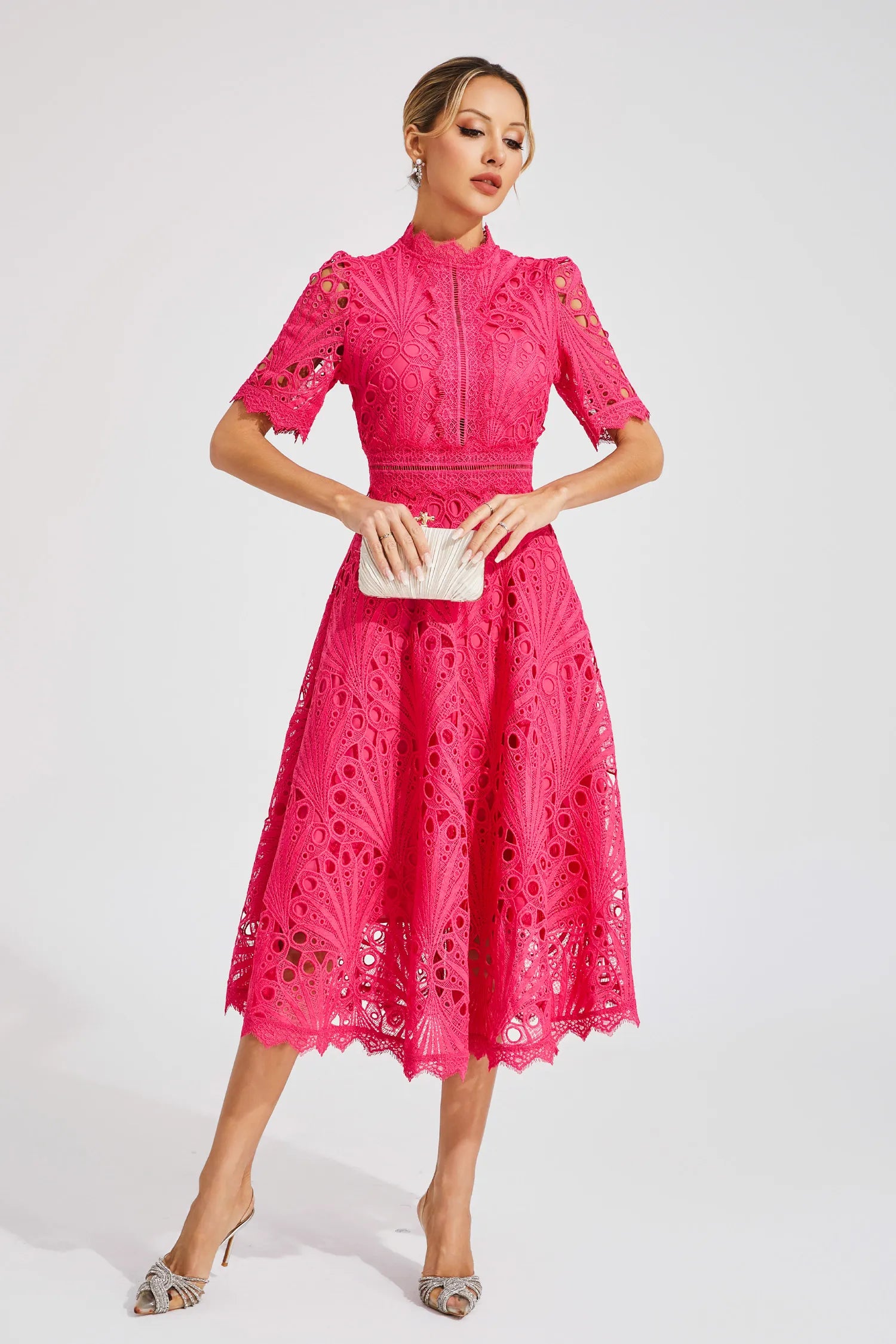 Robe Midi en Dentelle à Manches Courtes pour Femmes - Invité de Mariage - Été - Élégante - Encolure Arrondie