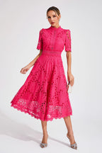 Robe Midi en Dentelle à Manches Courtes pour Femmes - Invité de Mariage - Été - Élégante - Encolure Arrondie