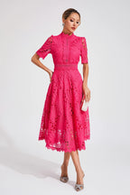 Robe Midi en Dentelle à Manches Courtes pour Femmes - Invité de Mariage - Été - Élégante - Encolure Arrondie