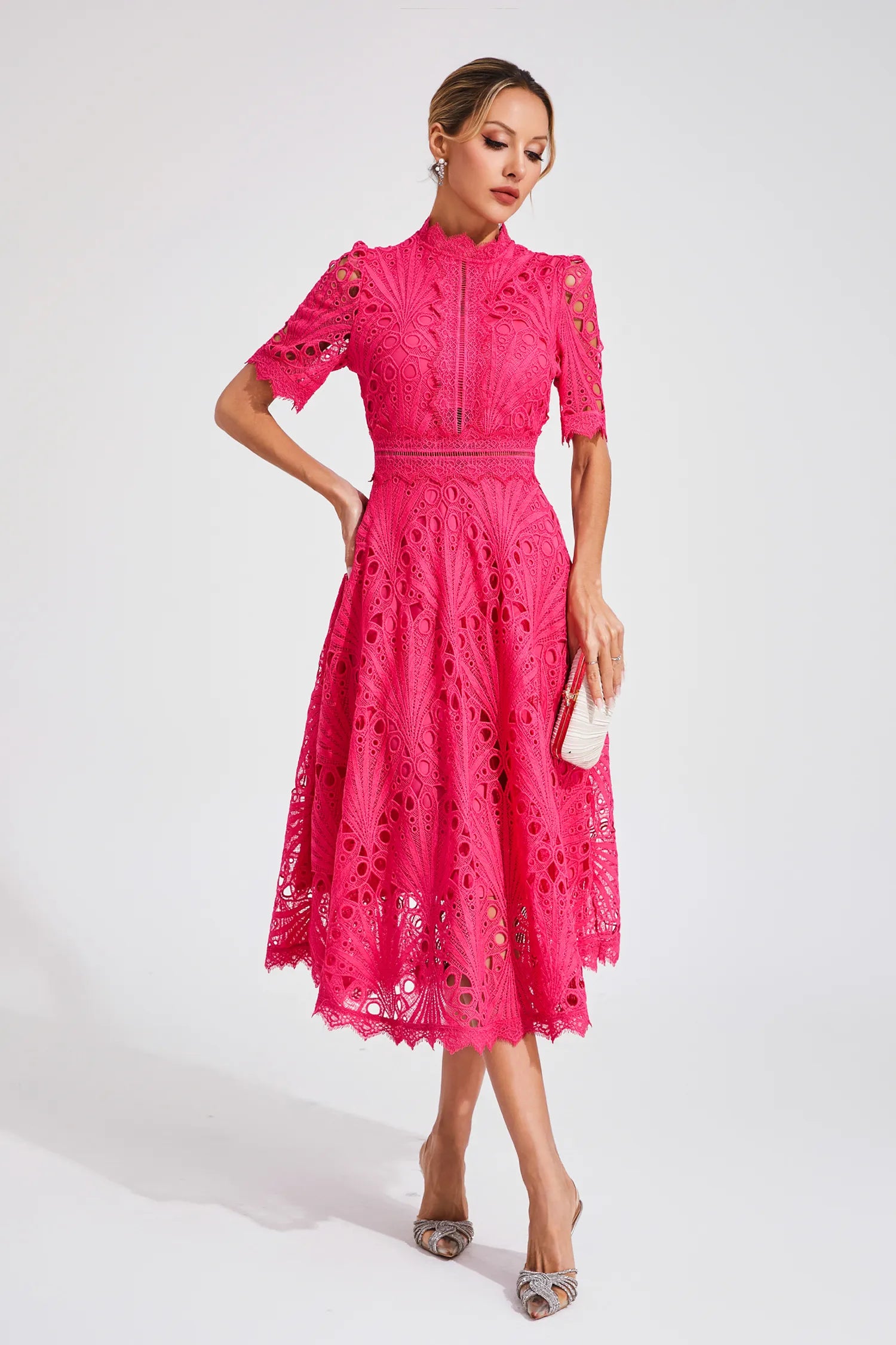 Robe Midi en Dentelle à Manches Courtes pour Femmes - Invité de Mariage - Été - Élégante - Encolure Arrondie
