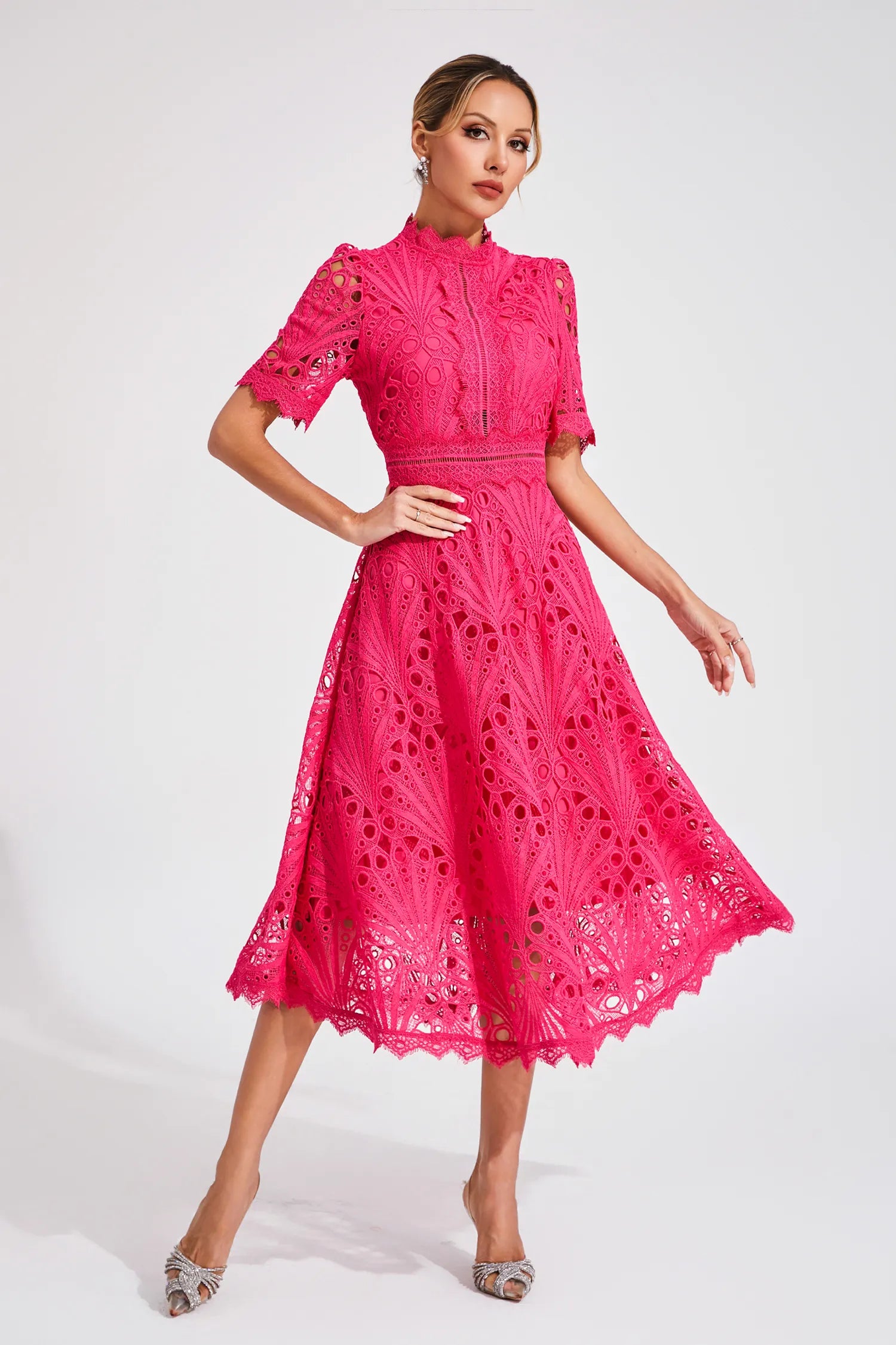 Robe Midi en Dentelle à Manches Courtes pour Femmes - Invité de Mariage - Été - Élégante - Encolure Arrondie