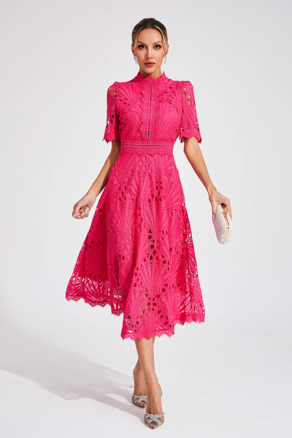 Robe Midi en Dentelle à Manches Courtes pour Femmes - Invité de Mariage - Été - Élégante - Encolure Arrondie