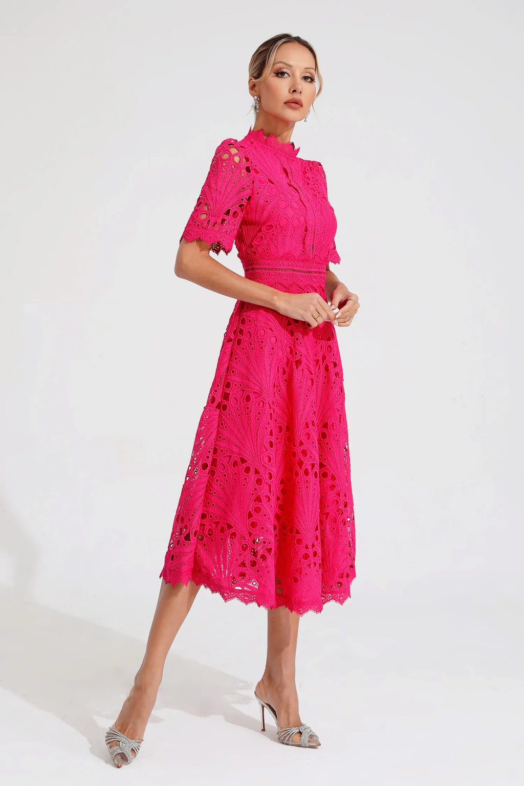 Robe Midi en Dentelle à Manches Courtes pour Femmes - Invité de Mariage - Été - Élégante - Encolure Arrondie