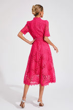 Robe Midi en Dentelle à Manches Courtes pour Femmes - Invité de Mariage - Été - Élégante - Encolure Arrondie