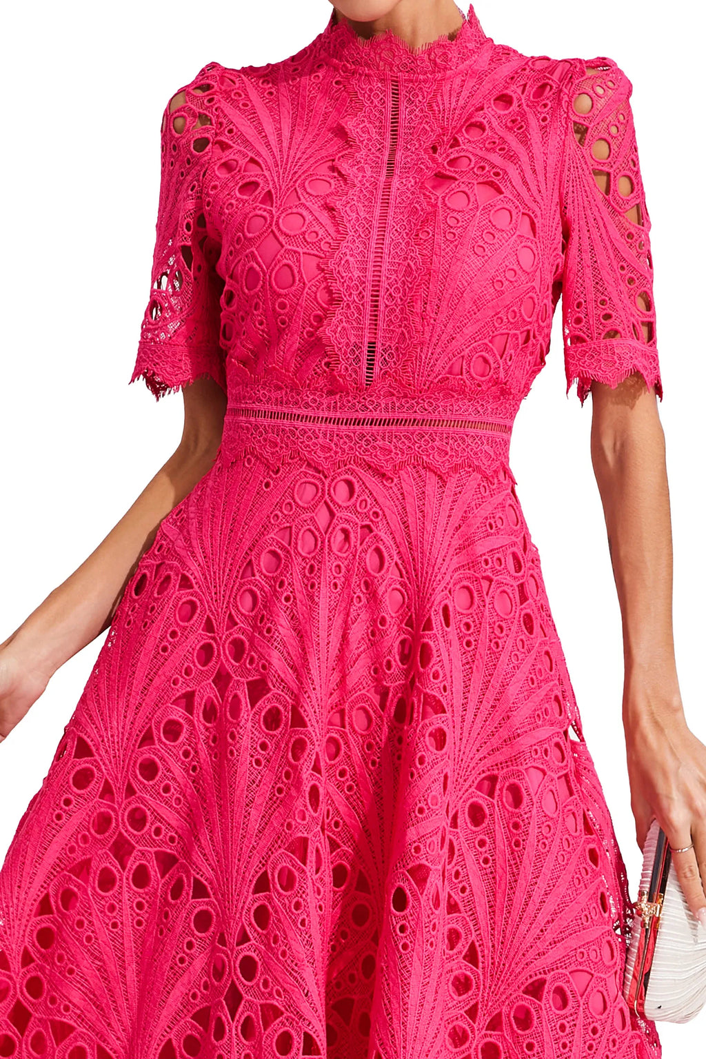 Robe Midi en Dentelle à Manches Courtes pour Femmes - Invité de Mariage - Été - Élégante - Encolure Arrondie