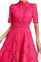 Robe Midi en Dentelle à Manches Courtes pour Femmes - Invité de Mariage - Été - Élégante - Encolure Arrondie