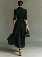 Abito maxi plissettato tinta unita per donna con cintura, colletto a risvolto, maniche lunghe, elegante e casual – Nero