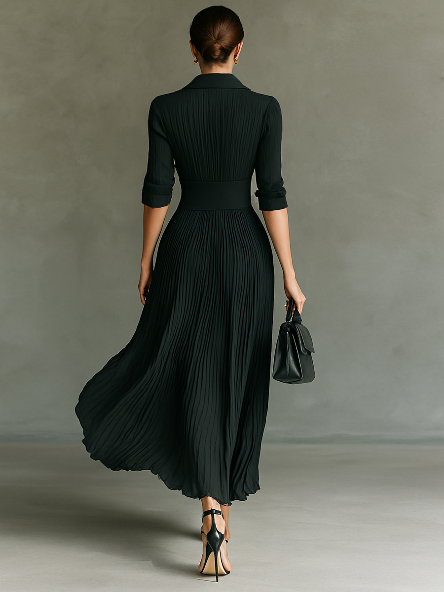 Robe Maxi Plissée Unie pour Femme avec Ceinture à Col Revers à Manches Longues Élégante et Décontractée – Noir