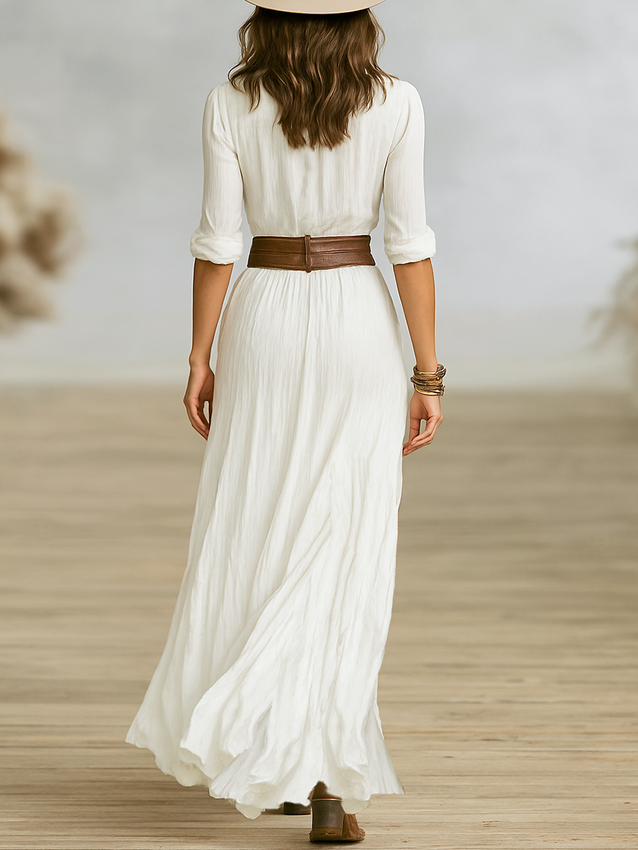 Robe longue à manches longues en coton et lin avec plissés et col à revers pour femmes