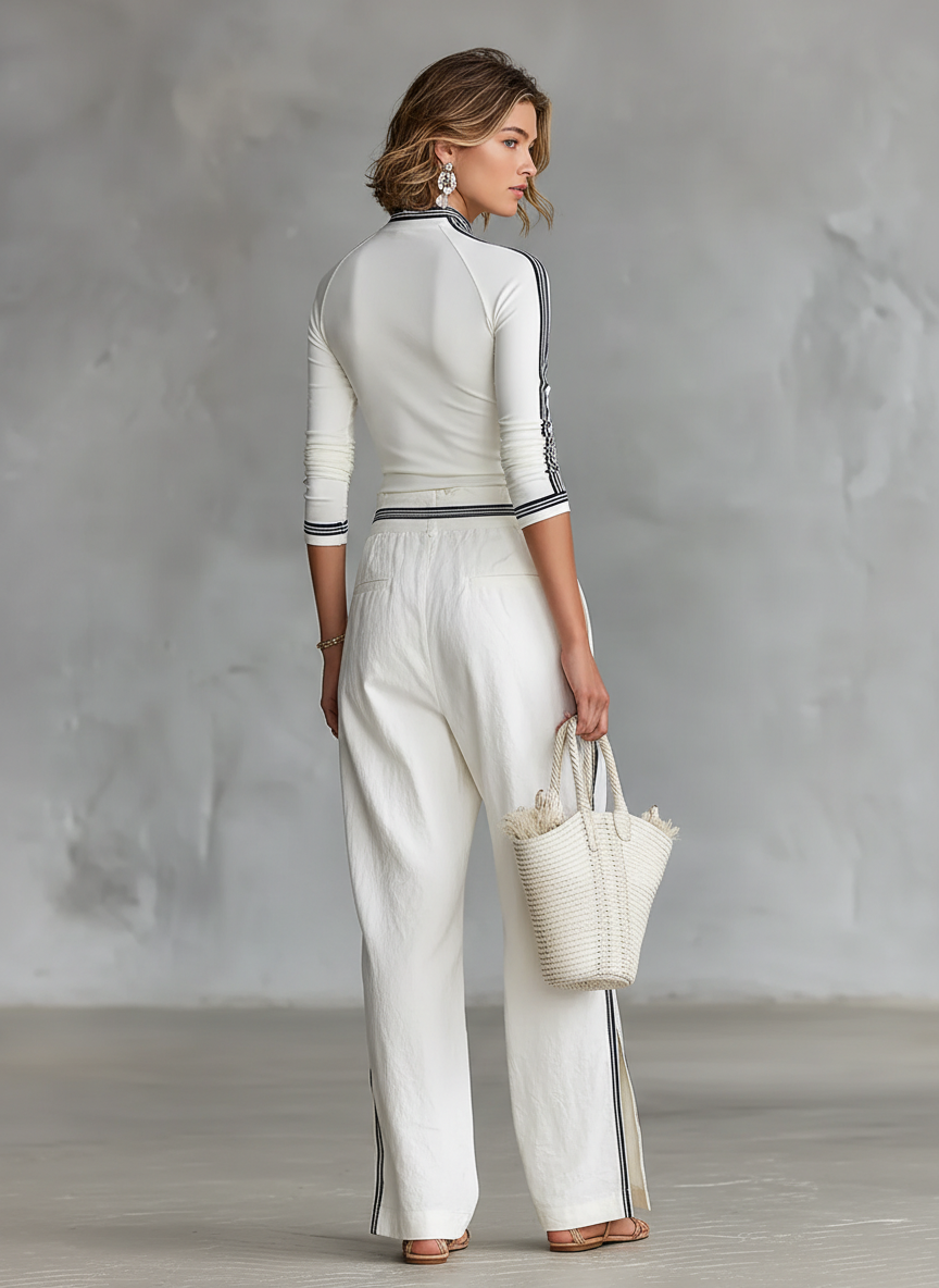 Ensemble de Sport Femme Deux-Pièces Haut à Col Montant Mi-Haut à Manches Longues Pantalon Large à Cordons Décontracté – Blanc