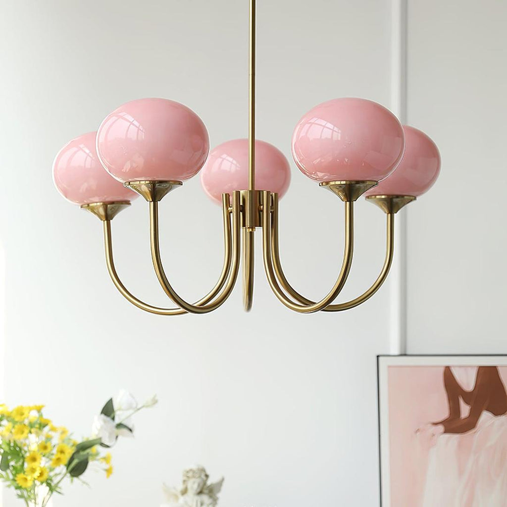 Chandelier en Verre Rose Doux avec Abat-jours | Finition Dorée