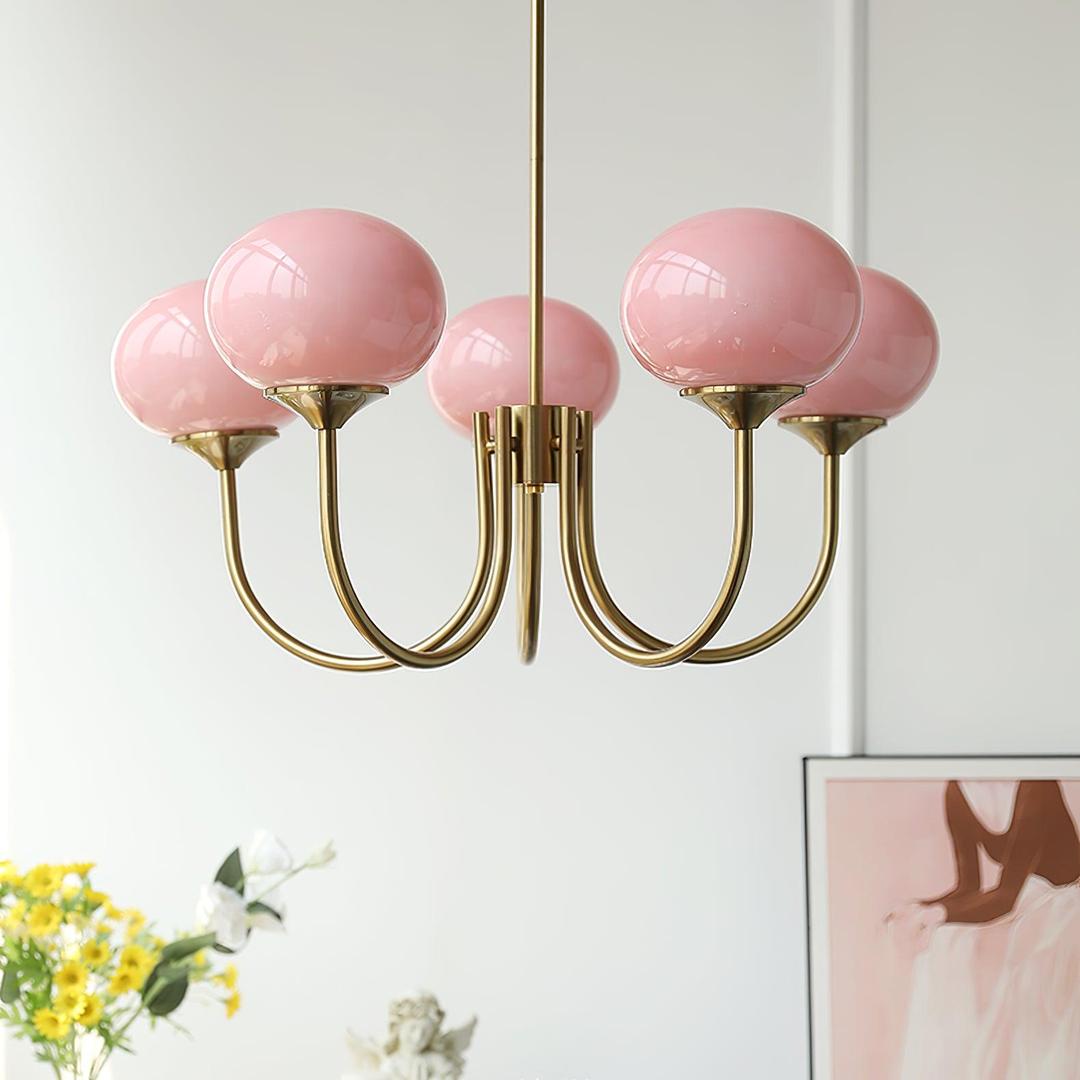 Chandelier en Verre Rose Doux avec Abat-jours | Finition Dorée