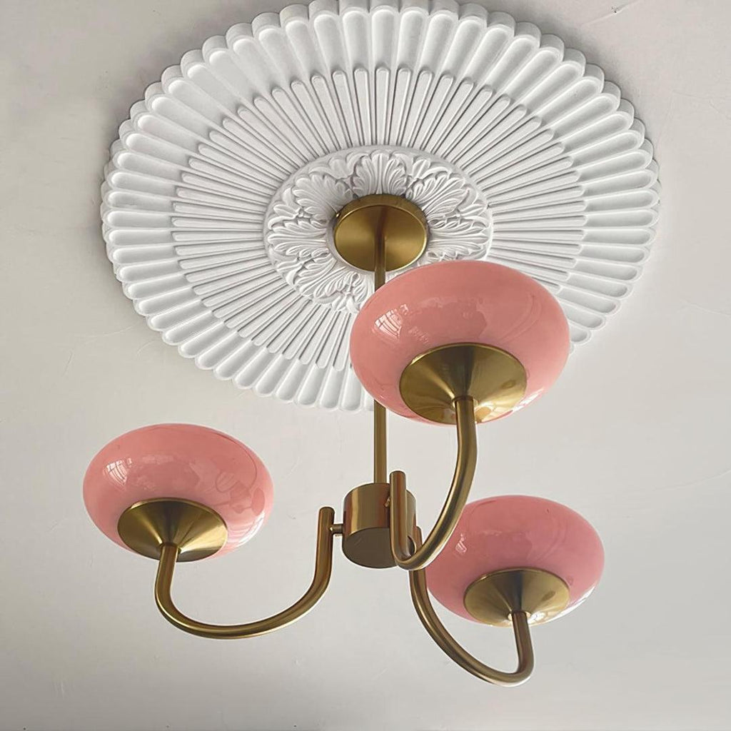 Chandelier en Verre Rose Doux avec Abat-jours | Finition Dorée