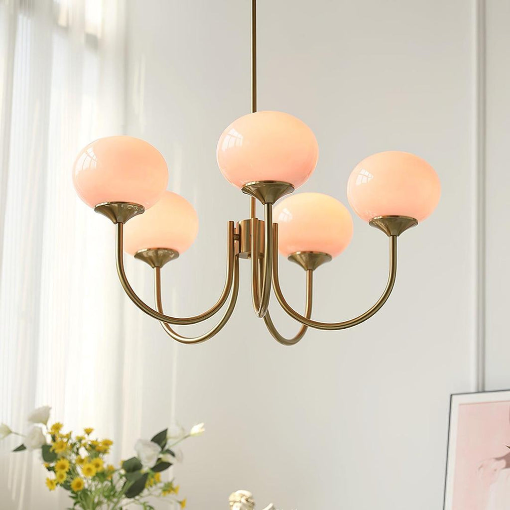Chandelier en Verre Rose Doux avec Abat-jours | Finition Dorée