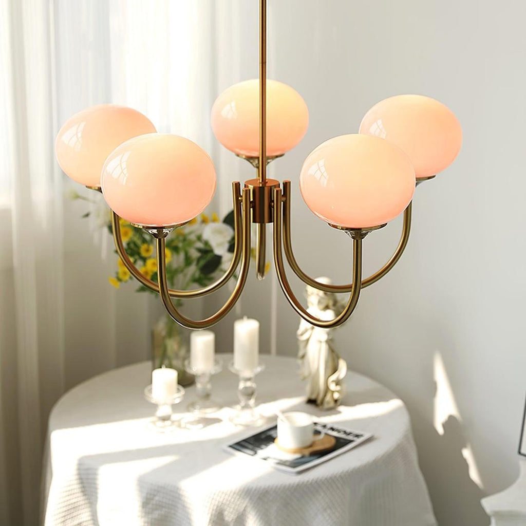 Chandelier en Verre Rose Doux avec Abat-jours | Finition Dorée