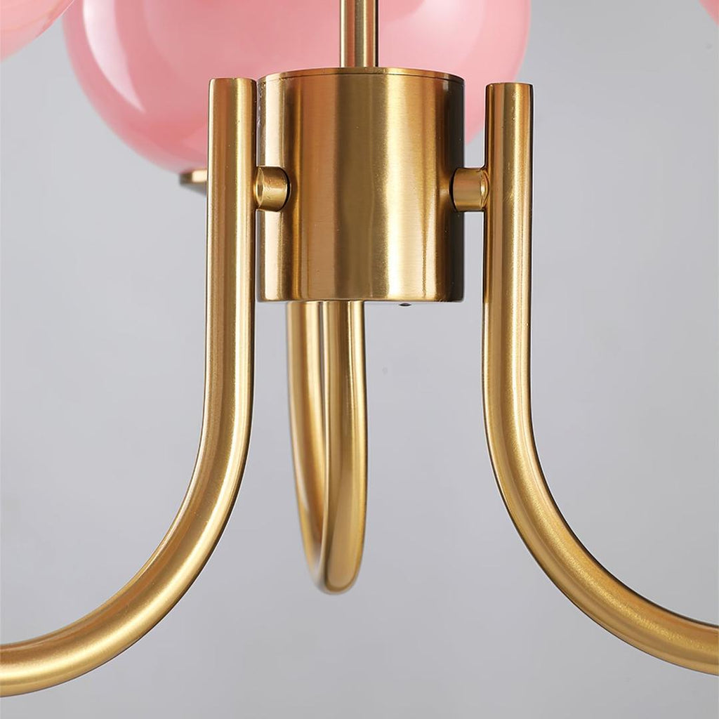 Chandelier en Verre Rose Doux avec Abat-jours | Finition Dorée