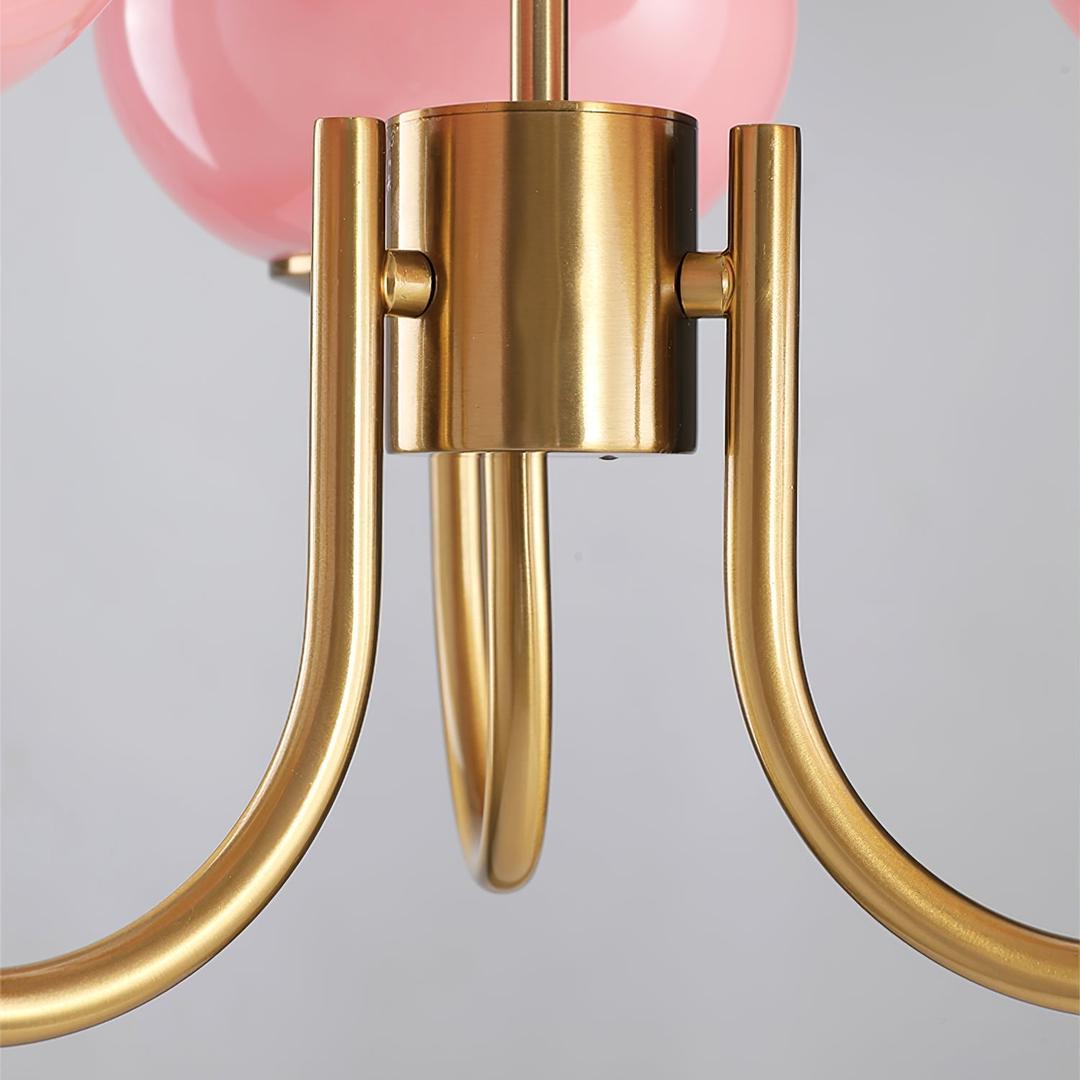 Chandelier en Verre Rose Doux avec Abat-jours | Finition Dorée