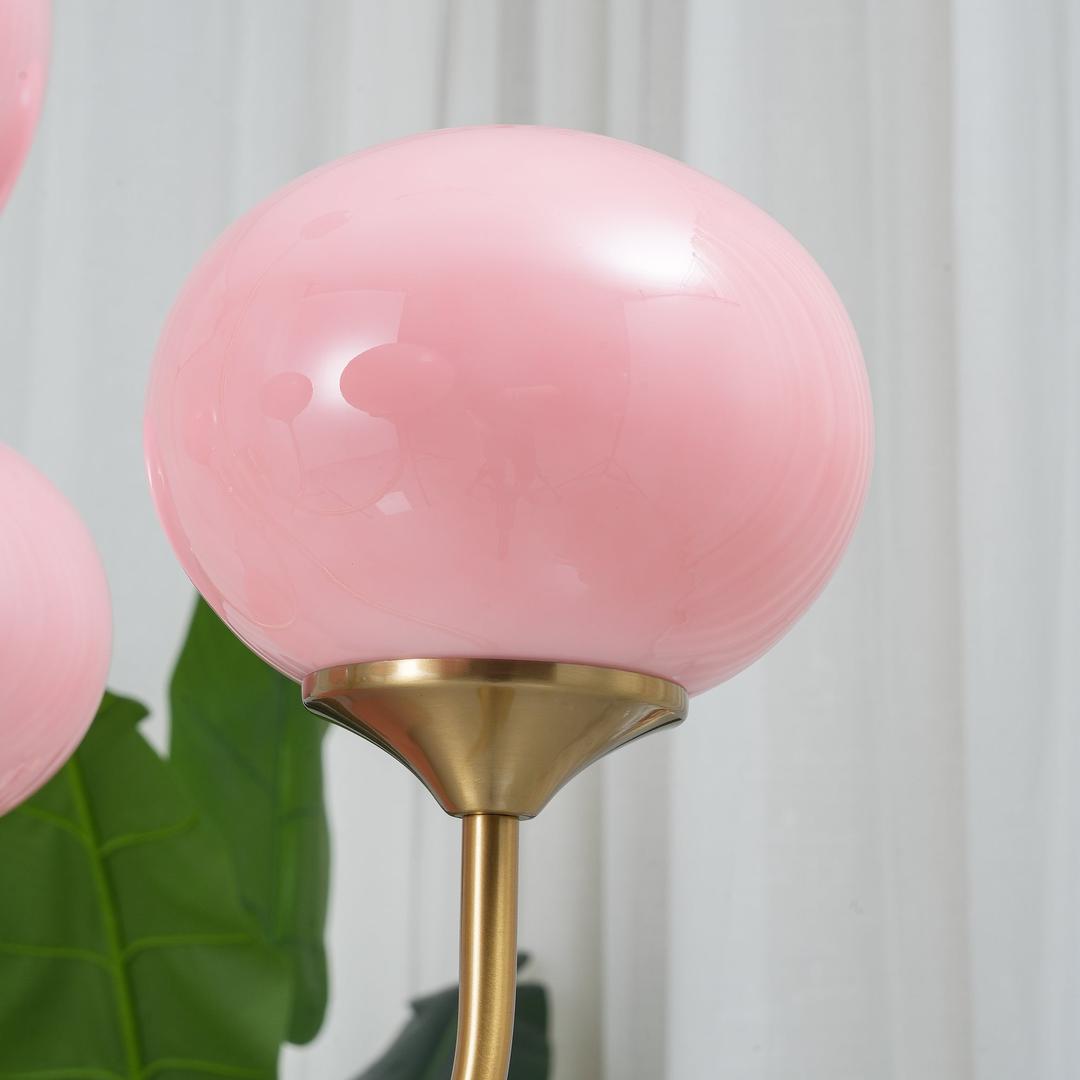 Chandelier en Verre Rose Doux avec Abat-jours | Finition Dorée