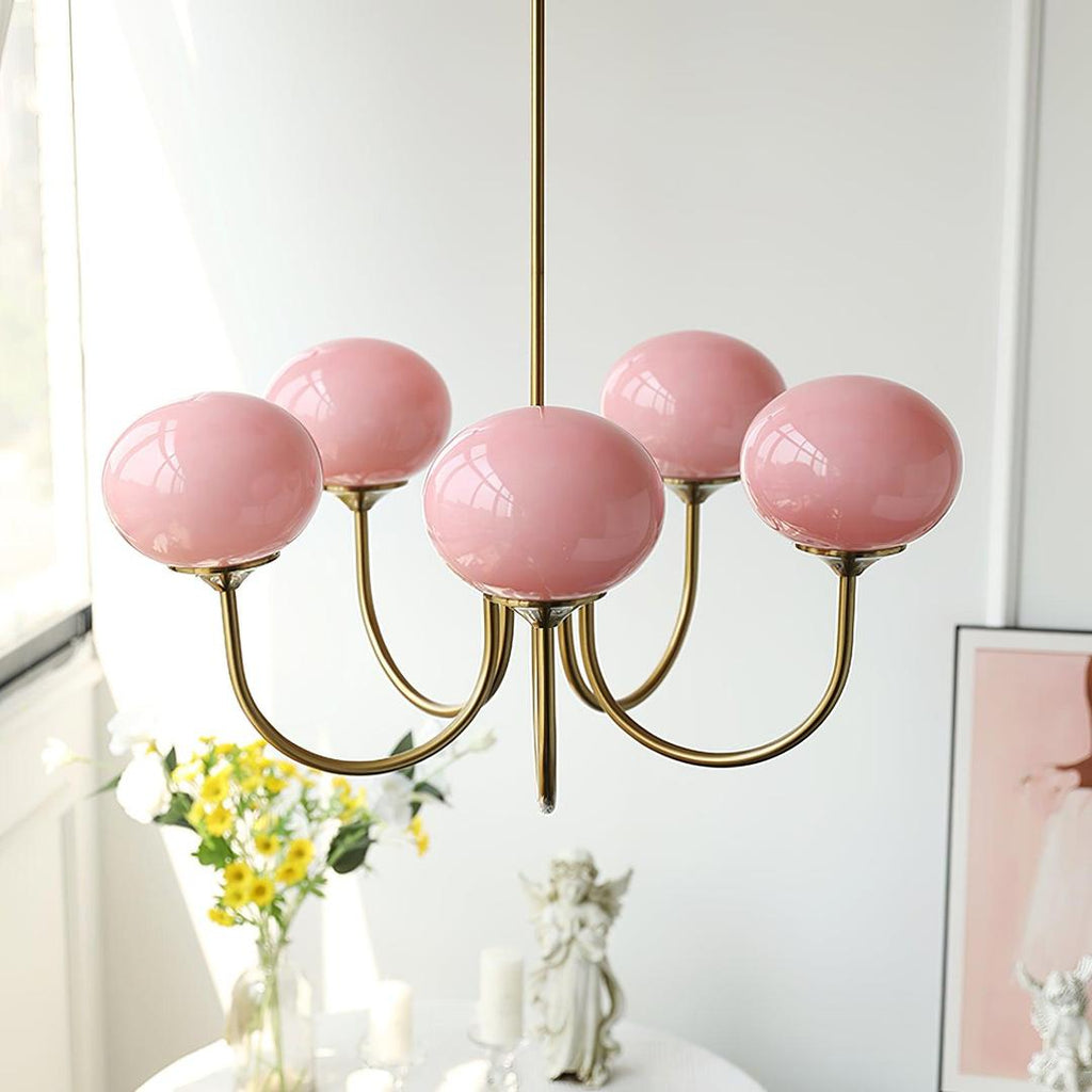 Chandelier en Verre Rose Doux avec Abat-jours | Finition Dorée