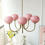 Chandelier en Verre Rose Doux avec Abat-jours | Finition Dorée