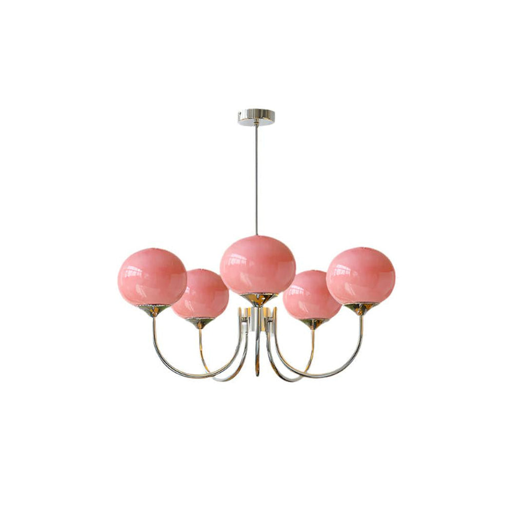 Chandelier en Verre Rose Doux avec Abat-jours | Finition Dorée