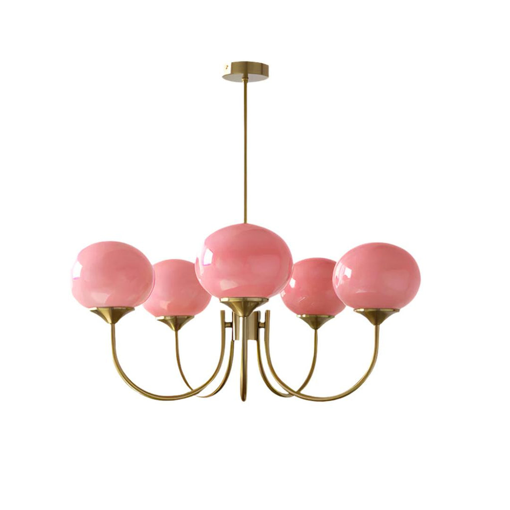 Chandelier en Verre Rose Doux avec Abat-jours | Finition Dorée