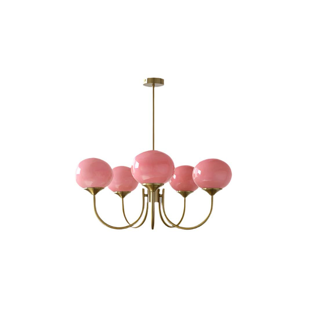 Chandelier en Verre Rose Doux avec Abat-jours | Finition Dorée