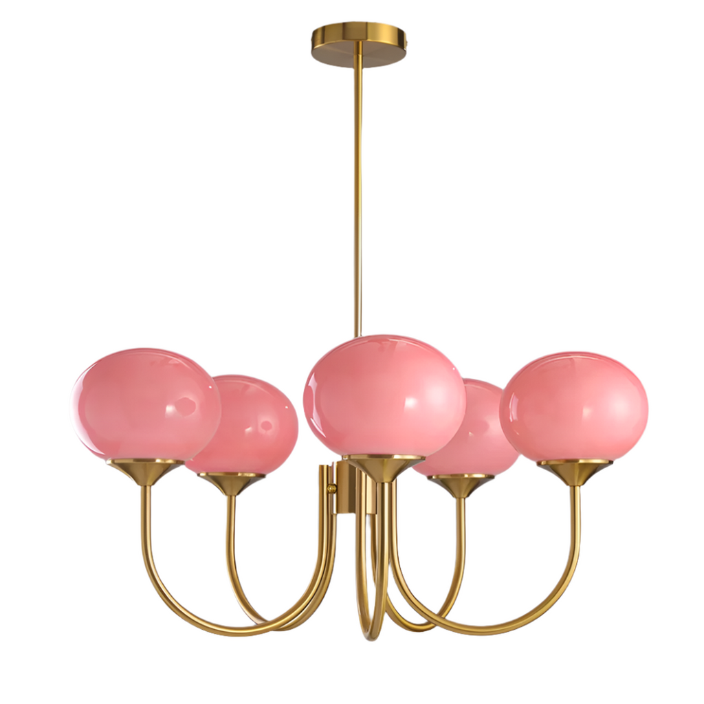 Chandelier en Verre Rose Doux avec Abat-jours | Finition Dorée