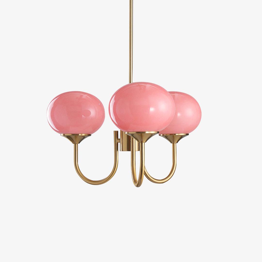 Chandelier en Verre Rose Doux avec Abat-jours | Finition Dorée