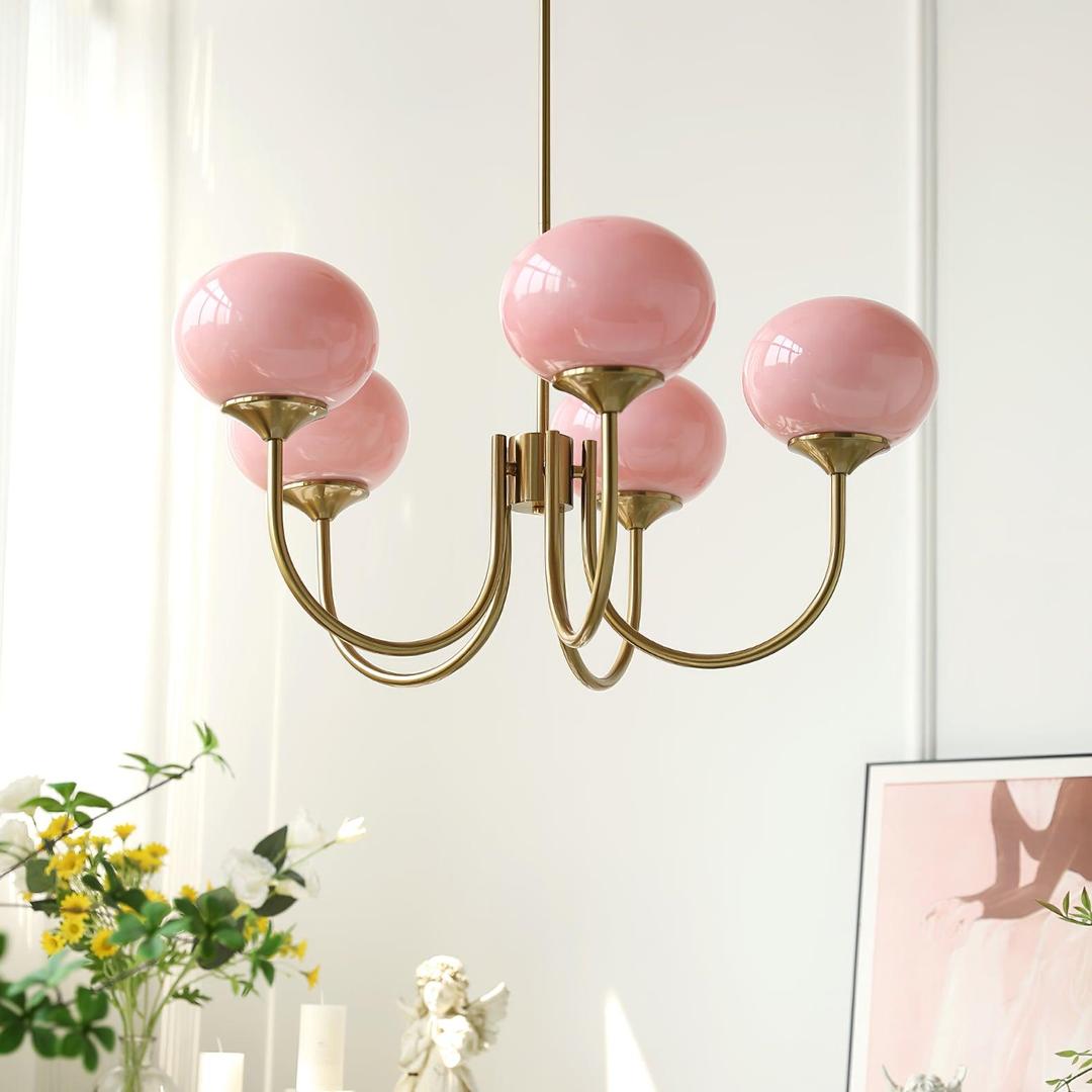 Chandelier en Verre Rose Doux avec Abat-jours | Finition Dorée