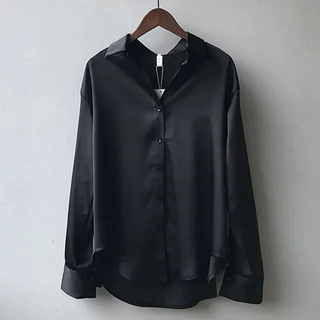 Blusa in satin a maniche lunghe per donne con colletto strutturato – Stella