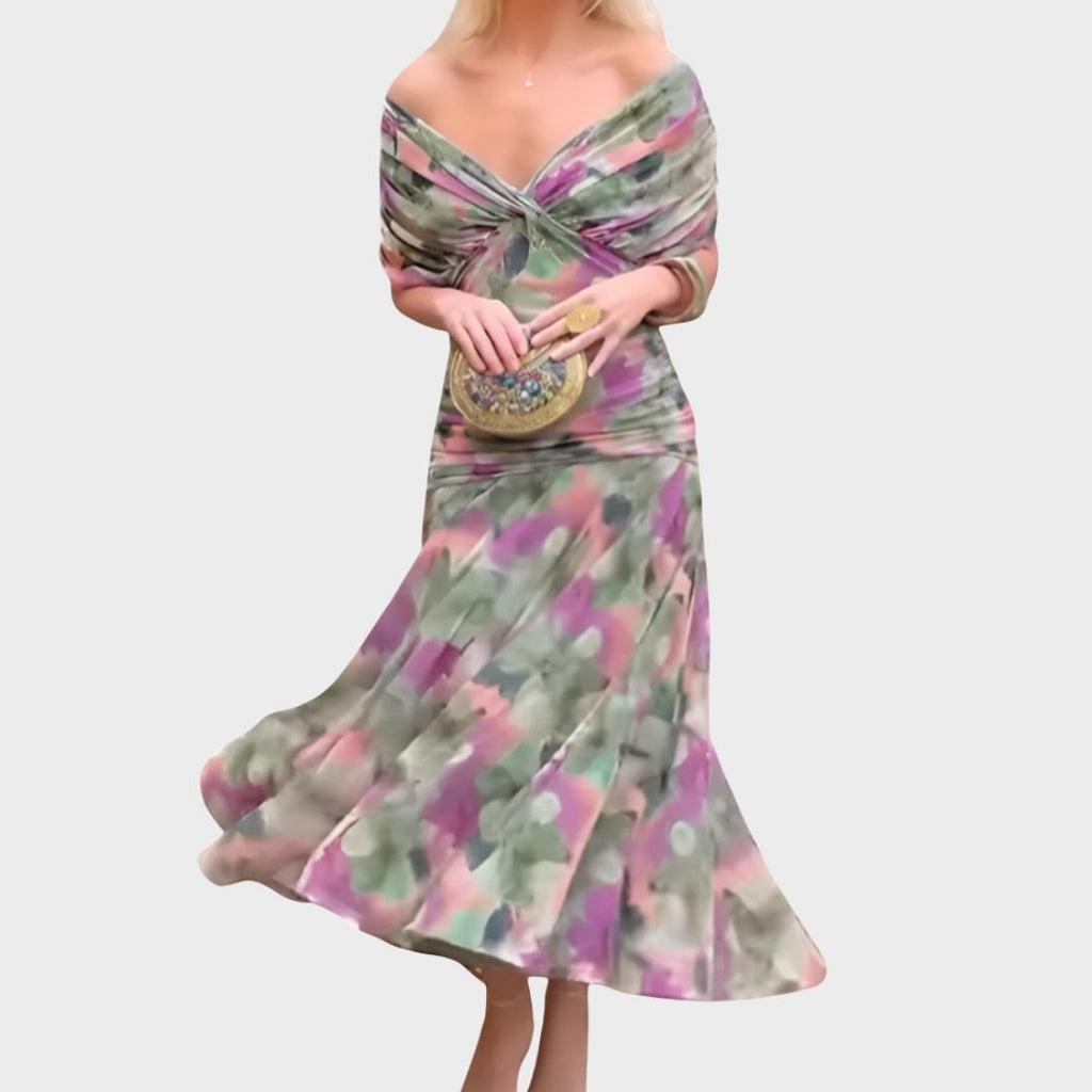 Robe Midi Élégante Femme à Épaules Dénudées, Bodice Drapé et Froncé, Florale et Féminine – Lowenna