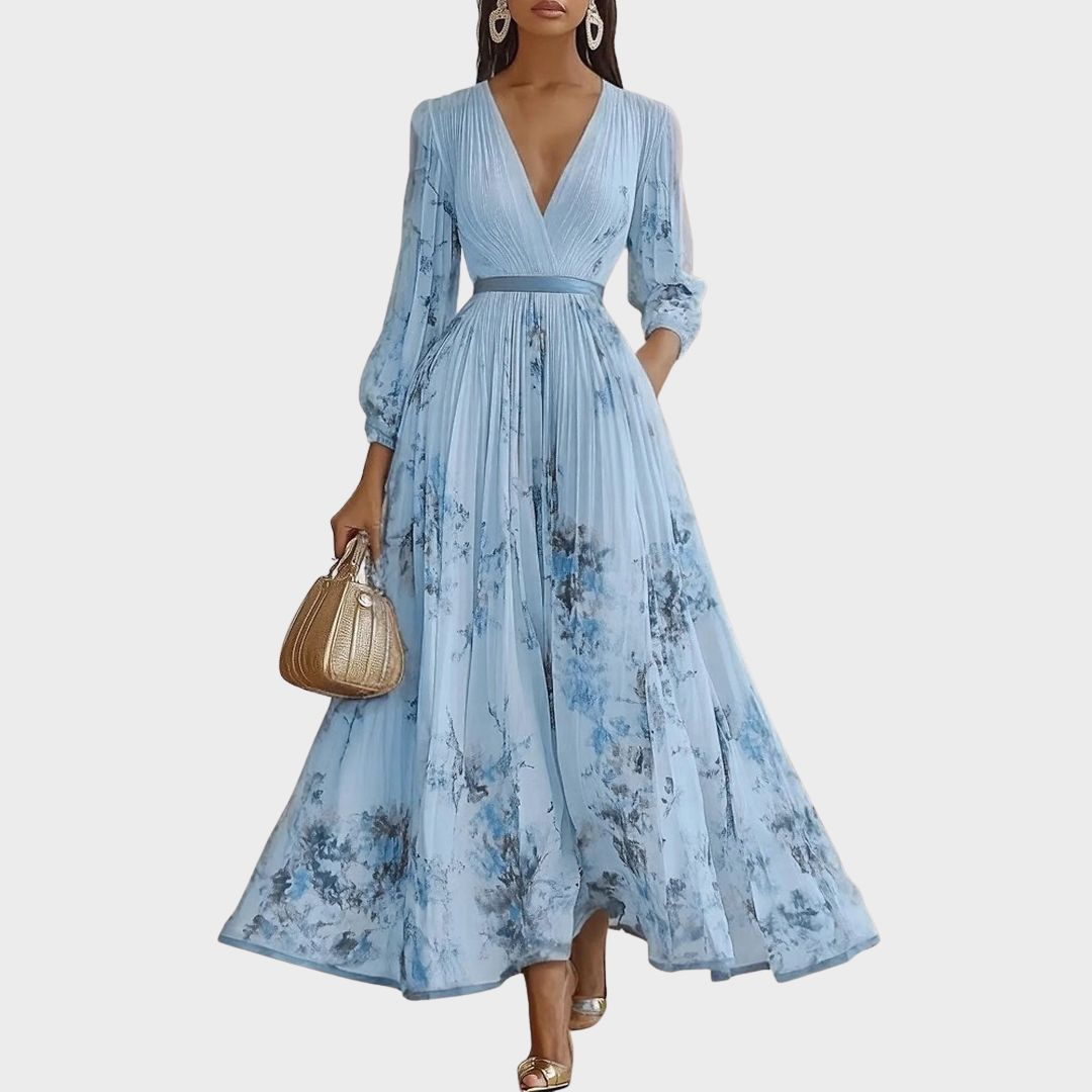 Robe Longue Plissée Florale Élégante pour Femme, Col V, Manches Longues, Taille Ruban, Formelle et Décontractée – Rowella