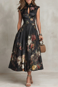 Robe Midi Florale Vintage Décolleté en V Plissée Polyester Femme Formelle Mariage Jardin Cocktail – Noirelle