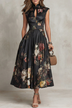 Robe Midi Florale Vintage Décolleté en V Plissée Polyester Femme Formelle Mariage Jardin Cocktail – Noirelle