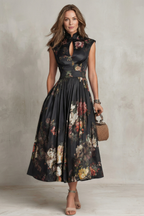 Robe Midi Florale Vintage Décolleté en V Plissée Polyester Femme Formelle Mariage Jardin Cocktail – Noirelle
