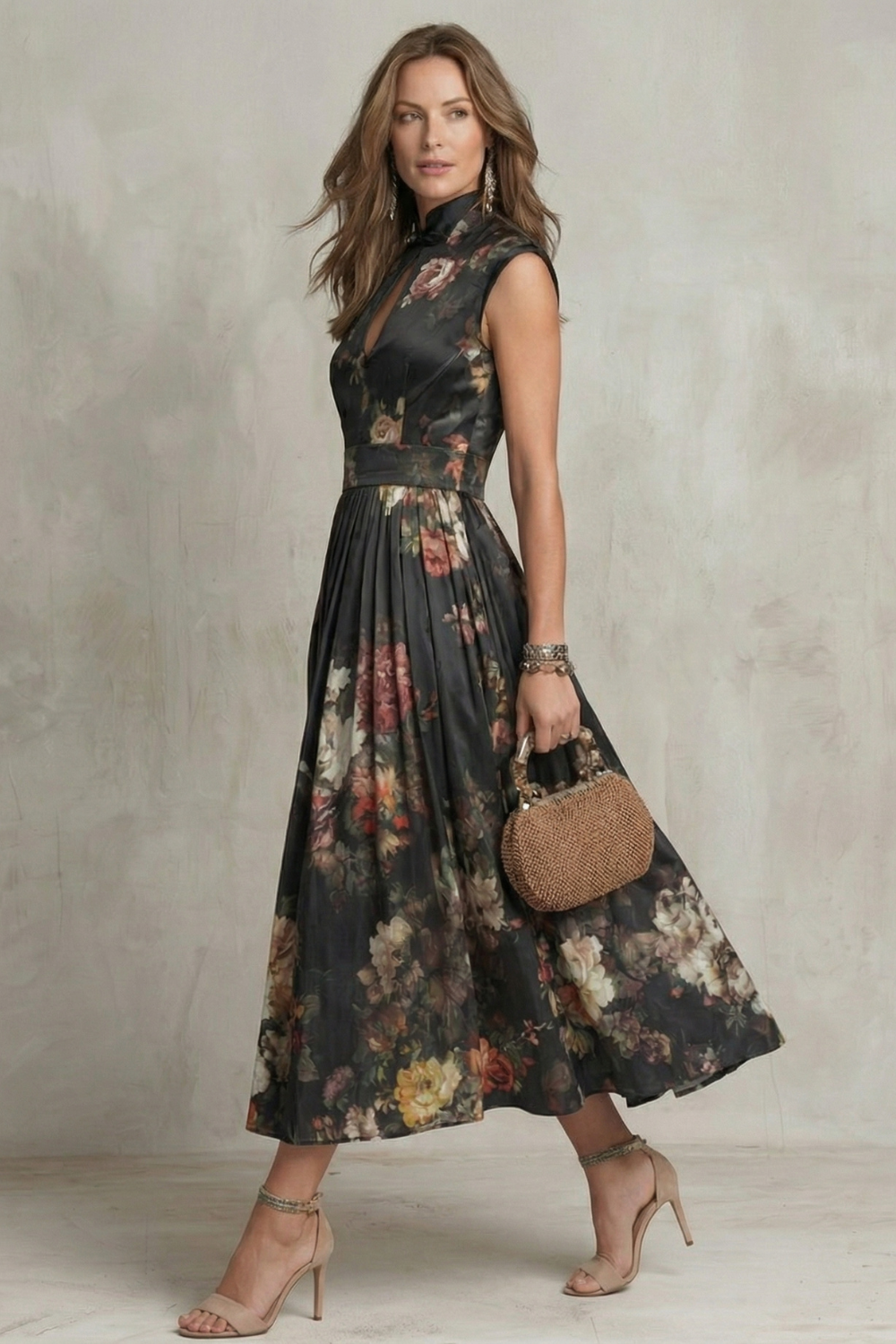 Robe Midi Florale Vintage Décolleté en V Plissée Polyester Femme Formelle Mariage Jardin Cocktail – Noirelle