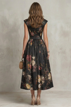 Robe Midi Florale Vintage Décolleté en V Plissée Polyester Femme Formelle Mariage Jardin Cocktail – Noirelle