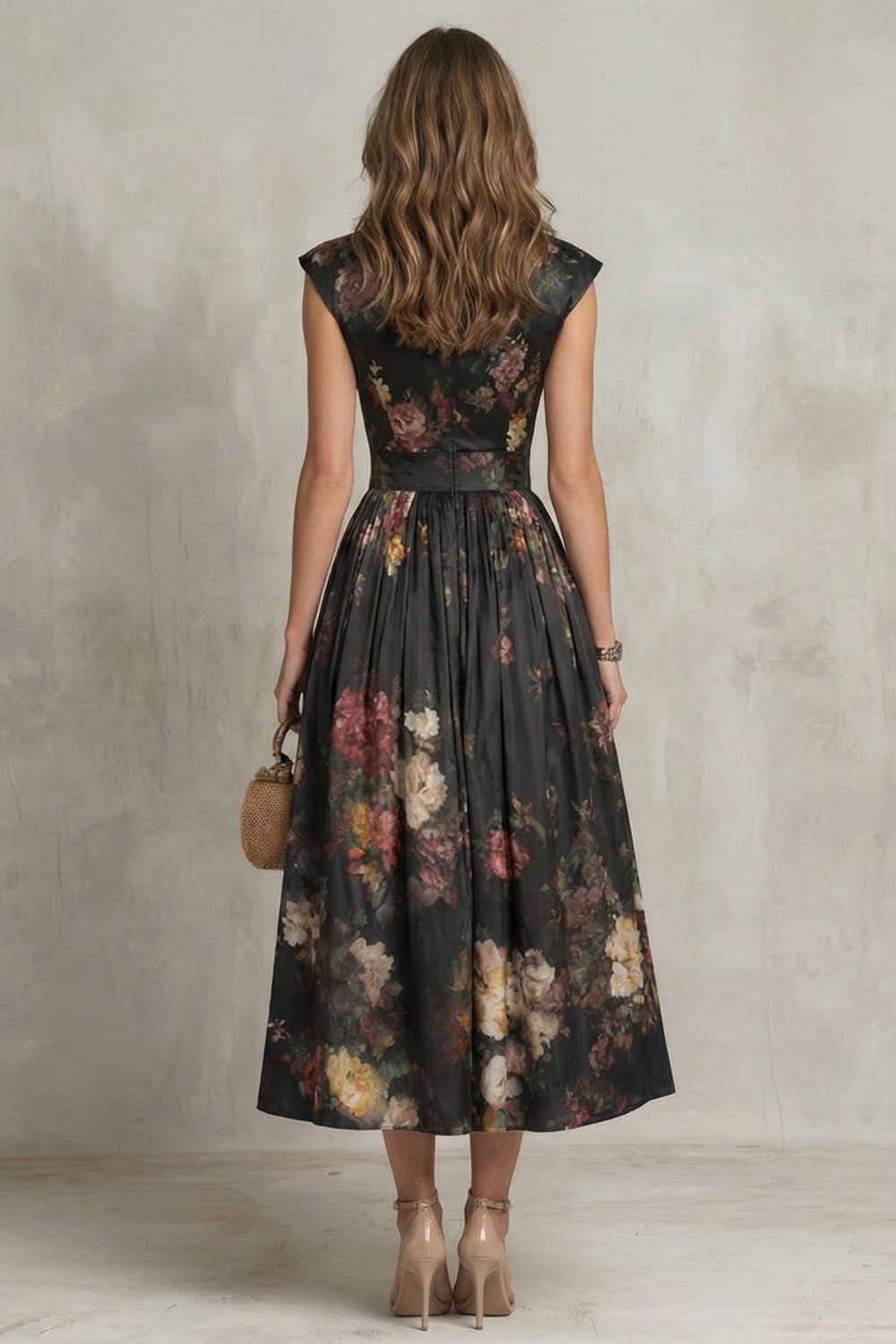 Robe Midi Florale Vintage Décolleté en V Plissée Polyester Femme Formelle Mariage Jardin Cocktail – Noirelle