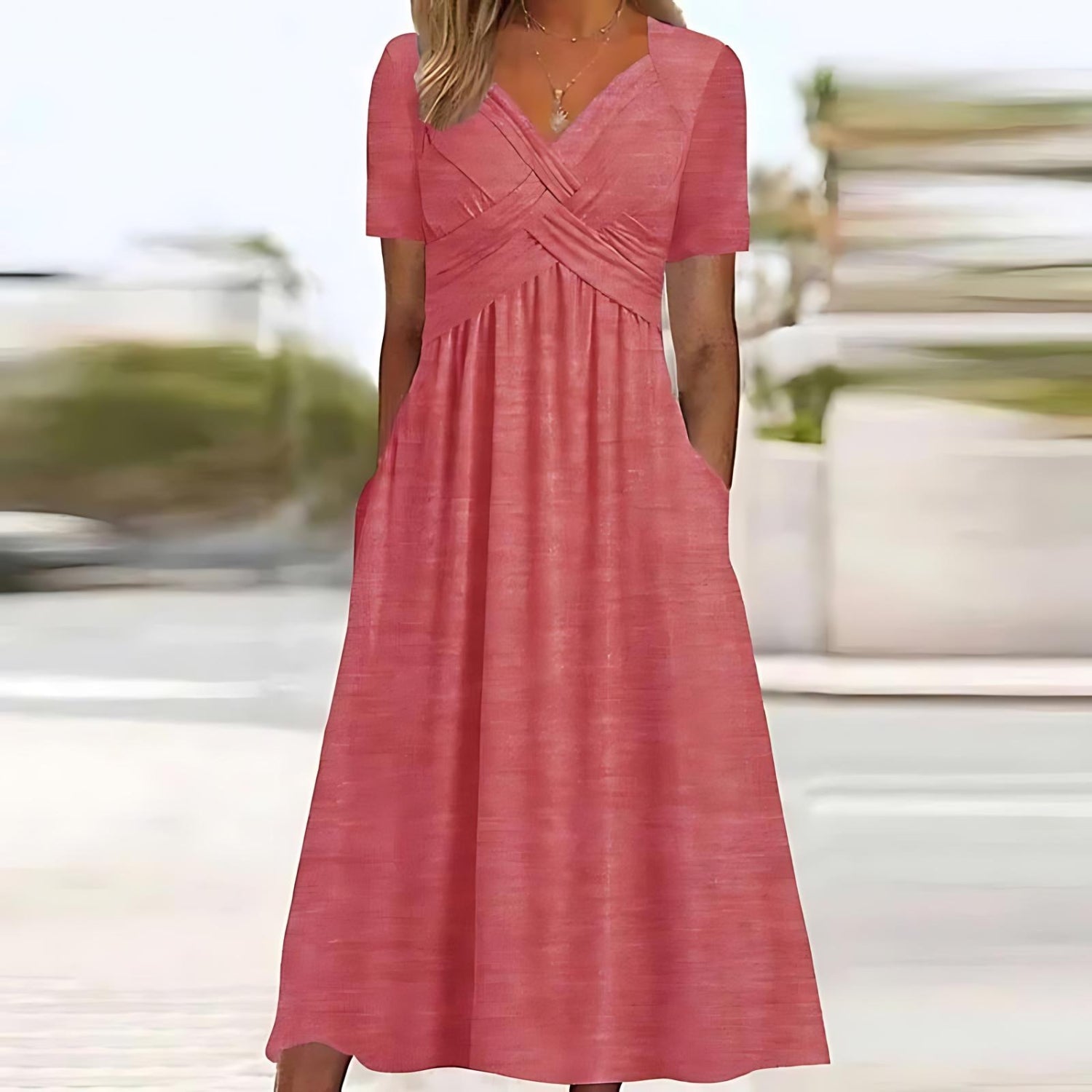 Robe Midi Enveloppement Décolleté en V Manches Courtes Évasée Femme Casual Chic Décontractées Quotidien Été – Carmen