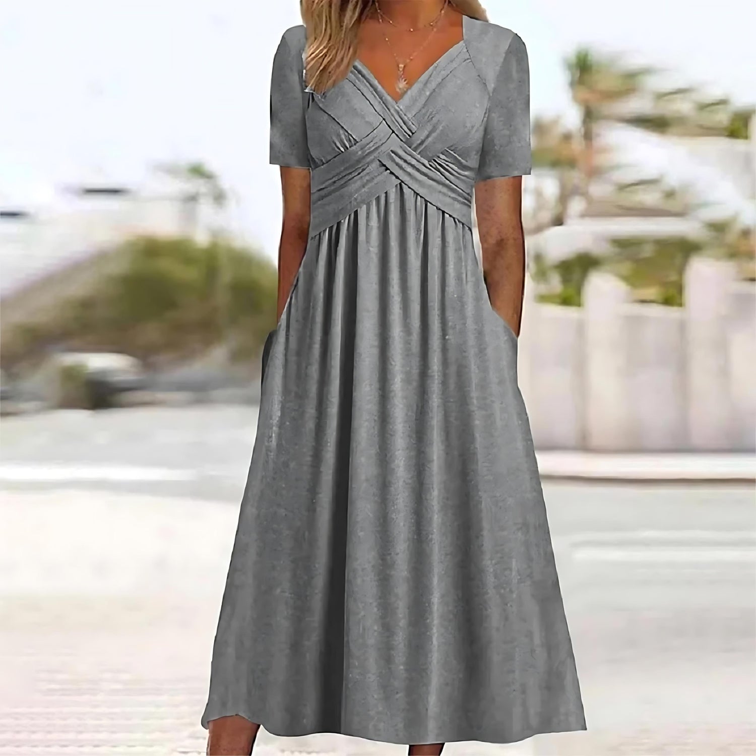 Robe Midi Enveloppement Décolleté en V Manches Courtes Évasée Femme Casual Chic Décontractées Quotidien Été – Carmen