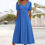 Robe Midi Enveloppement Décolleté en V Manches Courtes Évasée Femme Casual Chic Décontractées Quotidien Été – Carmen
