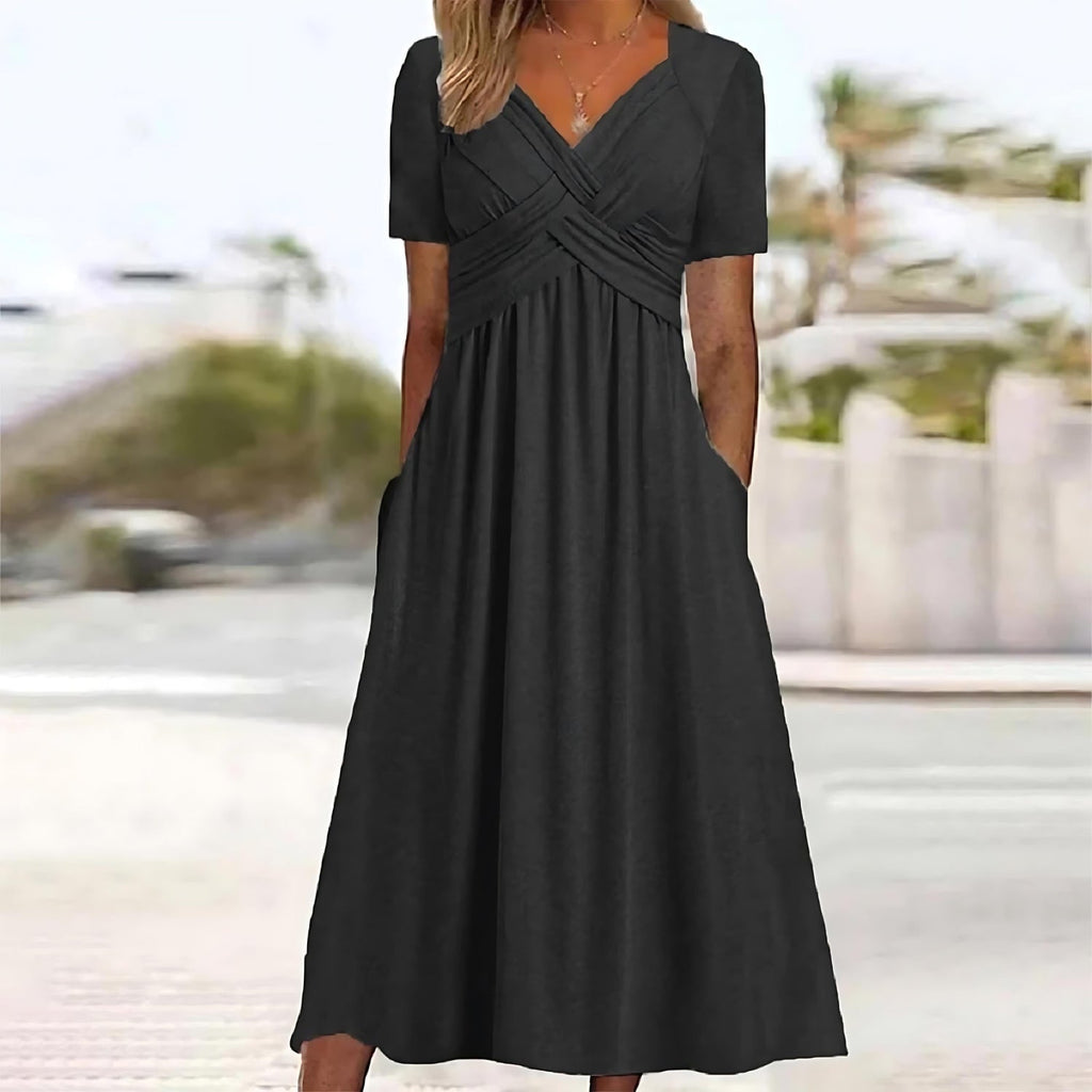 Robe Midi Enveloppement Décolleté en V Manches Courtes Évasée Femme Casual Chic Décontractées Quotidien Été – Carmen
